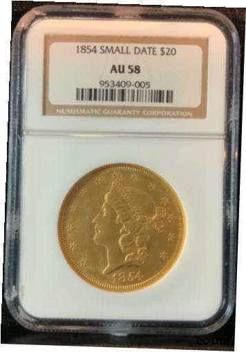 【極美品/品質保証書付】 アンティークコイン 金貨 1854 SMALL DATE $20 LIBERTY GOLD DOUBLE EAGLE NGC AU58 LOOKS LIKE A NICE MS62 [送料無料] #got-wr-010175-4298