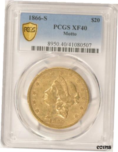 【極美品/品質保証書付】 アンティークコイン 金貨 1866-S Motto $20 Gold Double Eagle Coin PCGS XF40 San Francisco Pre-1933 Gold [送料無料] #gct-wr-010193-1425