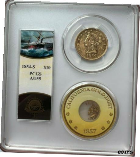 【極美品/品質保証書付】 アンティークコイン 硬貨 SS CENTRAL AMERICA SSCA RARE 1854 S EAGLE AU55 W..
