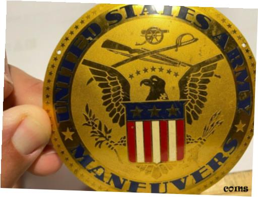  アンティークコイン コイン 金貨 銀貨  VINTAGE U.S. ARMY MANEUVERS ROUND EMBLEM MEDAL PLAQUE BRASS w VOLOR LOOK!