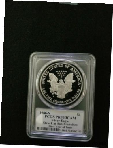 【極美品/品質保証書付】 アンティークコイン 銀貨 1986-S PROOF AMERICAN SILVER EAGLE PCGS PR70DCAM FYOI MERCANTI SIGNED LABEL [..