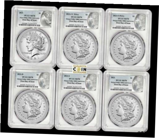 【極美品/品質保証書付】 アンティークコイン 硬貨 2021 Morgan and Peace Dollar 100th Anniv 6 Coin Set PCGS MS70 First Day of Issue [送料無料] #oct-wr-010573-437