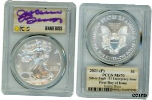  アンティークコイン コイン 金貨 銀貨  2021 P SILVER EAGLE $1 EMERGENCY JEANIE BUSS PCGS MS70 FDOI SIGNED PURPLE