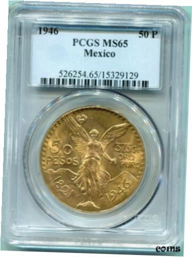 【極美品/品質保証書付】 アンティークコイン 金貨 1946 MEXICO 50 PESOS 1.2 Oz. 37.5 Grams GOLD PCGS MS65 MS-65 Beautiful GEM ! [送料無料] #got-wr-010594-619