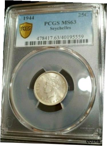 yɔi/iۏ؏tz AeB[NRC RC   [] PCGS Seychelles MS 63 25 Cents = 1/4 Rupee 1944 George VI Silver Coin Rare in BU