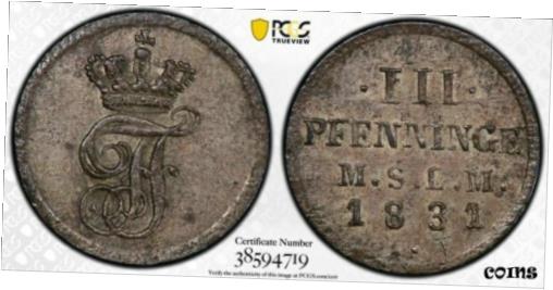  アンティークコイン コイン 金貨 銀貨  1831 Germany Mecklenburg-Schwerin 3 Pf. PCGS MS63 Lot#G1236 Silver! Choice UNC!