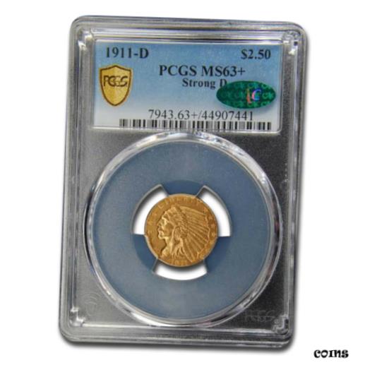 【極美品/品質保証書付】 アンティークコイン 金貨 1911-D $2.50 Indian Gold Quarter Eagle MS-63+ PCGS CAC (Strong D) - SKU#219543 [送料無料] #got-wr-010707-479