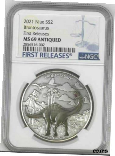  アンティークコイン コイン 金貨 銀貨  2021 Niue 1oz Silver $2 Brontosaurus Coin NGC MS69 Antiqued First Releases