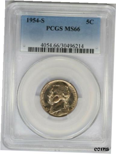 yɔi/iۏ؏tz AeB[NRC RC   [] 1954-S PCGS 5C Jefferson Nickel Mint State UNC MS66 Lustrous Coin