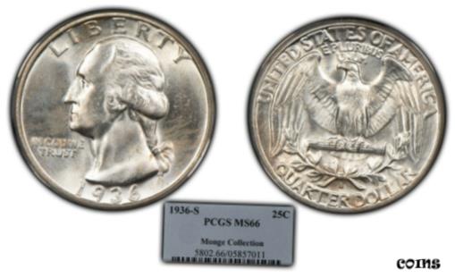 yɔi/iۏ؏tz AeB[NRC RC   [] 1936-S 25c Washington Quarter - PQ Frosty Coin - Monge Coll - PCGS MS 66 - B1824