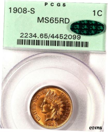 【極美品/品質保証書付】 アンティークコイン 硬貨 1908-S 1C MS65RD PCGS/CAC-OLD GREEN HOLDER- 53 IN HIGHER GRADE [送料無料] #oot-wr-010946-1713