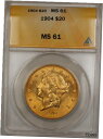 1904年 $20 リバティ ダブルイーグル 金貨 ANACS MS-61 (良品) SB1904 $20 Liberty Double Eagle Gold Coin ANACS MS-61 (Better) SB(3)