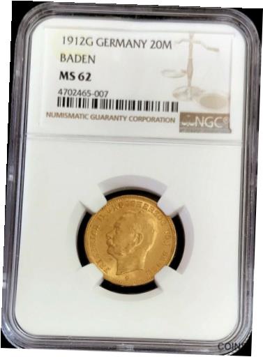 【極美品/品質保証書付】 アンティークコイン コイン 金貨 銀貨 [送料無料] 1912 GOLD GERMAN STATE BADEN 20 MARK FRIEDRICH II COIN NGC MINT STATE 62