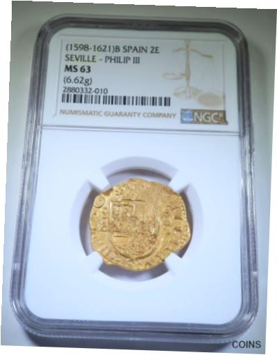 【極美品/品質保証書付】 アンティークコイン 金貨 NGC MS63 1598-1621 Spanish Gold 2 Escudos 1500's-1600's Doubloon Pirate Cob Coin [送料無料] #gct-wr-011000-30