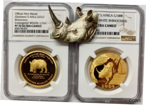 【極美品/品質保証書付】 アンティークコイン 金貨 2009 South Africa 1.5 oz Gold 100 Rand Natura White Rhinoceros Set NGC PF-70/68 [送料無料] #got-wr-011000-4342