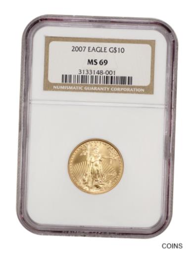 2007 Gold Eagle $10 NGC MS69 - American Gold Eagle AGE※関税は当ショップ負担（お客様負担無し）※全国送料無料・海外輸送無料※商品の状態は画像をご確認下さい（極美品・目立った汚れ無し）※輸入品の為英語表記となります※その他ご不明点はお気軽にお問合せ下さい！Certification Number: 3133148-001Grade: 69Certification: NGCStrike Type: BusinessMint Location: PhiladelphiaCirculated/Uncirculated: UncirculatedGeography: United StatesYear: 2007Category: American EaglesSeries: $10 Gold EaglesCoinage Type: Gold eagleYears for Type: 1986-PresentDenomination: Gold $10Metal Composition: 91.67% gold; 3% silver; 5.33% copperPrecious Metal Composition: 0.25 ounceDiameter: 22mmWeight: 8.4383g / 0.27ozEdge Type: Reeded[ご購入前に必ずお読み下さい]親切丁寧に、商品到着までサポート対応させていただきます。■パソコンの画像・画質により色や素材感が、実際の商品と多少異なる場合がございますので予めご了承くださいませ。■お客様のご都合（程度の解釈相違を含む）による商品のご購入後のキャンセル返品は、原則としてお受け致しておりません。未払いのまま2日以上連絡が取れない場合はキャンセルさせて頂きます。その場合、事務局側が自動的に「非常に悪い」の評価を付けてしまいますのでご注意ください。※お支払い頂いた場合は連絡は不要です。※他ショップでも販売しておりますので、稀に在庫がない場合がございます。■不具合での返品は箱などすべてが到着時の状態になるものに限らせていただきます。※当店では不良品はすべて現物確認と不具合の確認を行い対応をさせて頂いております。■お客様のご都合によるご注文確定後の商品のキャンセルにつきましては承っておりません。また、ご入金確認後、またはご決済完了確認後のキャンセルにつきましては、ご注文総額の30％のキャンセル料をご請求させていただきます。■領収書二重発行やトラブル防止のため、領収書発行は行っておりません。事務局側が発行している「支払い明細」が正式な支払い証明となります。支払い明細画面を印刷したものが領収書の代わりになることを各税務署に確認済みです。■年末年始・連休の発送は、業者も休みになる関係でいつもより遅れます。■輸送時の破損の場合は配送業者への報告を行って下さい。報告なしでの対応はできません。■日祝日は定休日とさせていただいております。連絡・発送が出来ませんのであらかじめご了承お願いいたします。■内容は必ずお読みになってからお買い求め下さいますようお願い致します。※在庫状況は常に更新をしておりますが、当社は複数店舗で在庫を共有しているため、ご注文を頂きましても稀に欠品している場合がございます。その際は誠に申し訳ございませんが、その旨をメールまたはお電話にてご連絡させていただきます。ご理解いただけますようお願い申し上げます。親切・丁寧にお取引させていただきますのでよろしくお願いします。 品質保証について 当店の商品の、品質保証についてご紹介いたします。 ▽品質保証書 お買い上げいただく全ての商品に「WORLD RESOURCE品質保証書」をおつけいたします。 これは、WORLD RESOURCEが販売した商品であることを保証するものです。大切に保管してください。 ▽標準保証に関して 当店でご購入頂きました商品は7日以内の標準保証サービスが付属致します。 ※ご購入日につきましては、製品の品質保証書に記載の日付にて確認させていただきます。 ※保証は通常利用時のみの対応となります。 ※ご購入日の確認を致しかねる場合は有償となります。品質保証書は大切に保管して下さい。POINT01　品揃え一番店を目指して 「期待に答えるお店づくりと、時代に合わせたサービスをご提供致します。」 POINT02　多種多様な商品レパートリー 「幅広く、世界の商品をご用意しております。」 POINT03　きっと見つかる！新しい発見 「テレビや雑誌で紹介されたアイテムもいちはやく。」 モットー：丁寧な接客対応 その道数十年のスタッフだからこそできる、“豊富な知識”に基づく商品のご提案。 お探しの商品はお気軽にスタッフにお尋ねください。 「以前は、商品ページあったけど、、、見つからない。」 「初めてアンティークコインの購入をしますが大丈夫ですか？」 「この年代の商品を探していますが、おすすめはありますか？」 「友人にアンティークコインを送りたいけど、おすすめありますか？」 等など、困ったときの質問にも、しっかり対応・お調べ致します。 取寄せ、取り置き等もできますので、商品一覧で見つからなかった商品でも、 スタッフまでお気軽にご相談下さい。 【お問い合わせはお気軽にどうぞ】 suport@world-resource.net