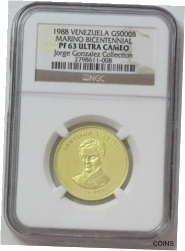 【極美品/品質保証書付】 アンティークコイン コイン 金貨 銀貨 [送料無料] 1988 Venezuela Proof Gold 5000 Bolivares Marino Bicent NGC PF 63 UC