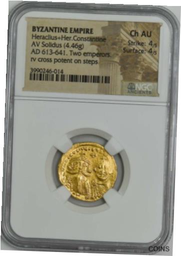  アンティークコイン コイン 金貨 銀貨  Byzantine Gold Heraclius + Her. Constantine AV Solidus (4.46g) Ch AU NGC 4619-90