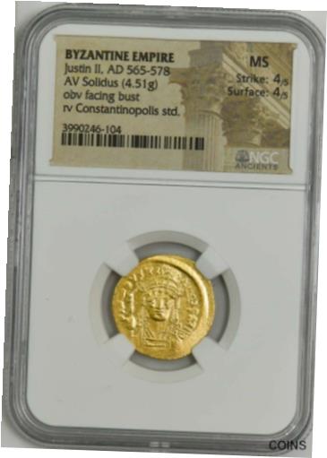  アンティークコイン コイン 金貨 銀貨  Byzantine Gold Justin II AV Solidus (4.51g) MS NGC 944619-35