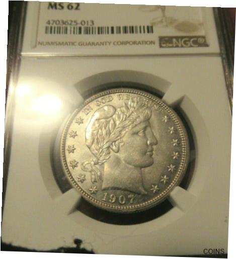 【極美品/品質保証書付】 アンティークコイン コイン 金貨 銀貨 送料無料 1907 BARBER HALF DOLLAR NGC-MS-62 LIGHT GOLD RIM TONING NICE LUSTER P.Q.