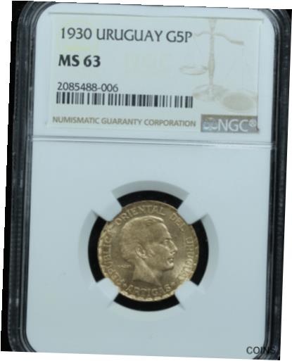 yɔi/iۏ؏tz AeB[NRC RC   [] 1930 Uruguay 5 Peso Gold Coin - NGC MS 63