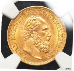 1877 年、ヴュルテンベルク王国、チャールズ 1 世。美しい金の 5 マルク コイン。 NGC MS-64!1877, Kingdom of Wurttemberg, Charles I. Beautiful Gold 5 Mark Coin. NGC MS-64!