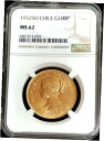 1952 ゴールド チリ 100 ペソ紋章付きコイン サンティアゴ造幣局 NGC 造幣局 621952 GOLD CHILE 100 PESOS COAT OF...