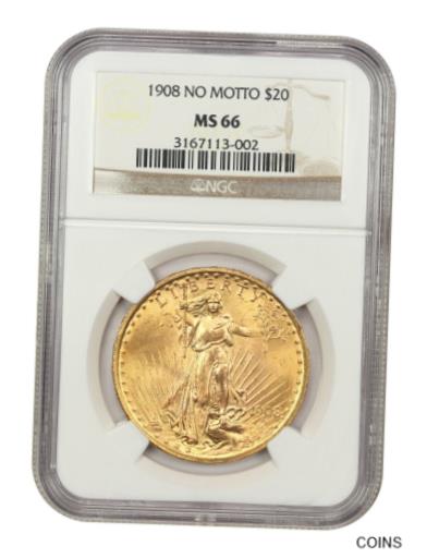 【極美品/品質保証書付】 アンティークコイン 金貨 1908 $20 NGC MS66 (No Motto) - Saint Gaudens Double Eagle - Gold Coin [送料無料] #gct-wr-011004-1934