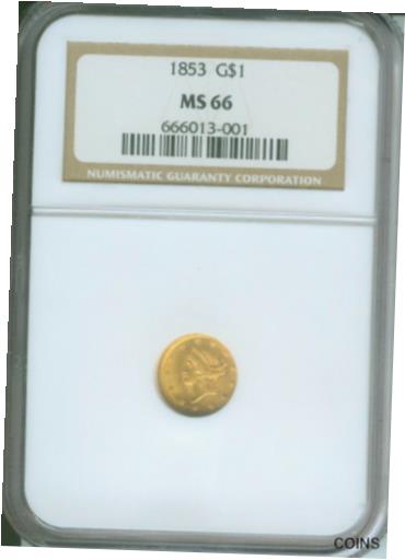 【極美品/品質保証書付】 アンティークコイン 金貨 1853 G$1 TYPE 1 GOLD DOLLAR NGC MS66 NICE MS-66 SCARCE Older Holder !! [送料無料] #got-wr-011004-1940