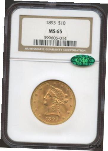 【極美品/品質保証書付】 アンティークコイン 金貨 1893 $10 Gold Liberty Eagle MS 65 CAC NGC, PQ RARE GEM! [送料無料] #got-wr-011004-7518