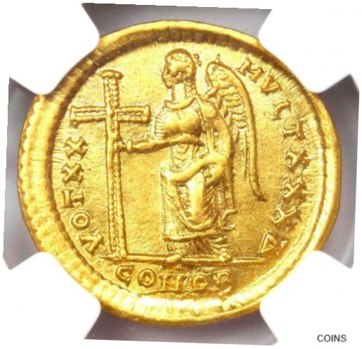 【極美品/品質保証書付】 アンティークコイン コイン 金貨 銀貨 [送料無料] Gold Roman Theodosius II AV Solidus Gold Coin 402 AD - Certified NGC XF (EF)