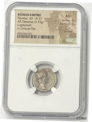 ڶ/ʼݾڽա ƥ    [̵] Tiberius AD 14-37 Silver Denarius NGC AU Tribute Penny of The Bible 12 Caesars