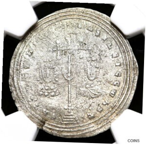 バシレイオス 2 世とコンスタンティヌス 7 世、西暦 976 〜 1025 年、シルバー ミリアレシオン。 NGC VF、ラージフランBasil II w/ Constantine VII, AD 976-1025, Silver Miliaresion. NGC VF, Large flan