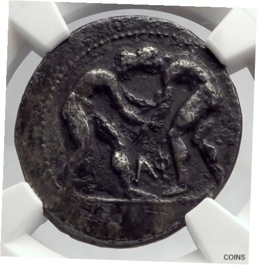  アンティークコイン 銀貨 Aspendos Pamphylia 370BC ATHLETES WRESTLE Slinger Silver Greek Coin NGC i60209  #sct-wr-011045-1057