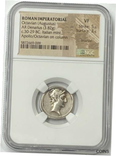  アンティークコイン コイン 金貨 銀貨  Rare Octavian Augustus 30-29 BC Silver Denarius NGC VF Apollo/Augustus on Column