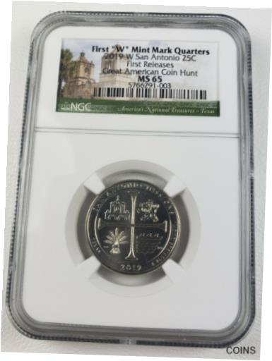 【極美品/品質保証書付】 アンティークコイン コイン 金貨 銀貨 [送料無料] 2019 W NGC MS65 First Releases *San Antonio* Great American Coin Hunt First W