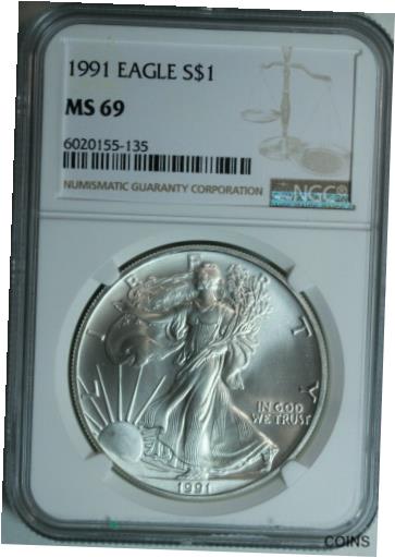 1991 American Silver Eagle - NGC MS69 - No Toning No Spots※関税は当ショップ負担（お客様負担無し）※全国送料無料・海外輸送無料※商品の状態は画像をご確認下さい（極美品・目立った汚れ無し）※輸入品の為英語表記となります※その他ご不明点はお気軽にお問合せ下さい！Seller Notes: “NGC Certified, Graded & Authenticated”Modified Item: NoCountry/Region of Manufacture: United StatesCoin: Silver American EagleCertification: NGCPrecious Metal Content per Unit: 1 ozStrike Type: BusinessGrade: MS69Material: SilverYear: 1991Brand/Mint: U.S. MintTotal Precious Metal Content: One Troy Ounce[ご購入前に必ずお読み下さい]親切丁寧に、商品到着までサポート対応させていただきます。■パソコンの画像・画質により色や素材感が、実際の商品と多少異なる場合がございますので予めご了承くださいませ。■お客様のご都合（程度の解釈相違を含む）による商品のご購入後のキャンセル返品は、原則としてお受け致しておりません。未払いのまま2日以上連絡が取れない場合はキャンセルさせて頂きます。その場合、事務局側が自動的に「非常に悪い」の評価を付けてしまいますのでご注意ください。※お支払い頂いた場合は連絡は不要です。※他ショップでも販売しておりますので、稀に在庫がない場合がございます。■不具合での返品は箱などすべてが到着時の状態になるものに限らせていただきます。※当店では不良品はすべて現物確認と不具合の確認を行い対応をさせて頂いております。■お客様のご都合によるご注文確定後の商品のキャンセルにつきましては承っておりません。また、ご入金確認後、またはご決済完了確認後のキャンセルにつきましては、ご注文総額の30％のキャンセル料をご請求させていただきます。■領収書二重発行やトラブル防止のため、領収書発行は行っておりません。事務局側が発行している「支払い明細」が正式な支払い証明となります。支払い明細画面を印刷したものが領収書の代わりになることを各税務署に確認済みです。■年末年始・連休の発送は、業者も休みになる関係でいつもより遅れます。■輸送時の破損の場合は配送業者への報告を行って下さい。報告なしでの対応はできません。■日祝日は定休日とさせていただいております。連絡・発送が出来ませんのであらかじめご了承お願いいたします。■内容は必ずお読みになってからお買い求め下さいますようお願い致します。※在庫状況は常に更新をしておりますが、当社は複数店舗で在庫を共有しているため、ご注文を頂きましても稀に欠品している場合がございます。その際は誠に申し訳ございませんが、その旨をメールまたはお電話にてご連絡させていただきます。ご理解いただけますようお願い申し上げます。親切・丁寧にお取引させていただきますのでよろしくお願いします。 品質保証について 当店の商品の、品質保証についてご紹介いたします。 ▽品質保証書 お買い上げいただく全ての商品に「WORLD RESOURCE品質保証書」をおつけいたします。 これは、WORLD RESOURCEが販売した商品であることを保証するものです。大切に保管してください。 ▽標準保証に関して 当店でご購入頂きました商品は7日以内の標準保証サービスが付属致します。 ※ご購入日につきましては、製品の品質保証書に記載の日付にて確認させていただきます。 ※保証は通常利用時のみの対応となります。 ※ご購入日の確認を致しかねる場合は有償となります。品質保証書は大切に保管して下さい。POINT01　品揃え一番店を目指して 「期待に答えるお店づくりと、時代に合わせたサービスをご提供致します。」 POINT02　多種多様な商品レパートリー 「幅広く、世界の商品をご用意しております。」 POINT03　きっと見つかる！新しい発見 「テレビや雑誌で紹介されたアイテムもいちはやく。」 モットー：丁寧な接客対応 その道数十年のスタッフだからこそできる、“豊富な知識”に基づく商品のご提案。 お探しの商品はお気軽にスタッフにお尋ねください。 「以前は、商品ページあったけど、、、見つからない。」 「初めてアンティークコインの購入をしますが大丈夫ですか？」 「この年代の商品を探していますが、おすすめはありますか？」 「友人にアンティークコインを送りたいけど、おすすめありますか？」 等など、困ったときの質問にも、しっかり対応・お調べ致します。 取寄せ、取り置き等もできますので、商品一覧で見つからなかった商品でも、 スタッフまでお気軽にご相談下さい。 【お問い合わせはお気軽にどうぞ】 suport@world-resource.net