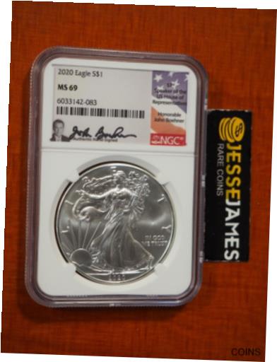  アンティークコイン コイン 金貨 銀貨  2020 $1 AMERICAN SILVER EAGLE NGC MS69 JOHN BOEHNER HAND SIGNED FLAG LABEL