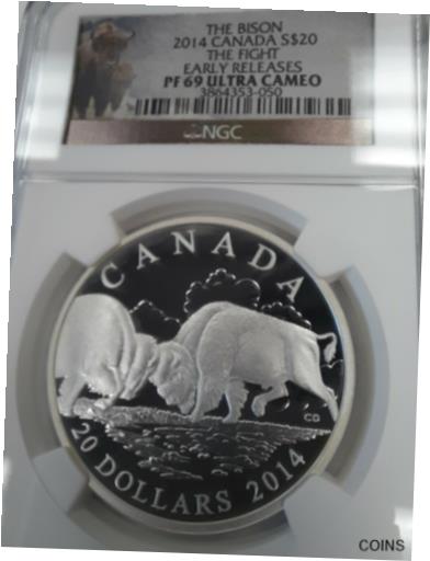 yɔi/iۏ؏tz AeB[NRC RC   [] 2014 PF69 Ultra Cameo CANADIAN BISON, THE FIGHT, Silver $20 Coin, NGC, FREE SHIP