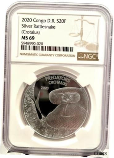  アンティークコイン コイン 金貨 銀貨  2020 Congo 20 Francs Predators Rattlesnake 1 oz 999 Silver Coin - NGC MS 69