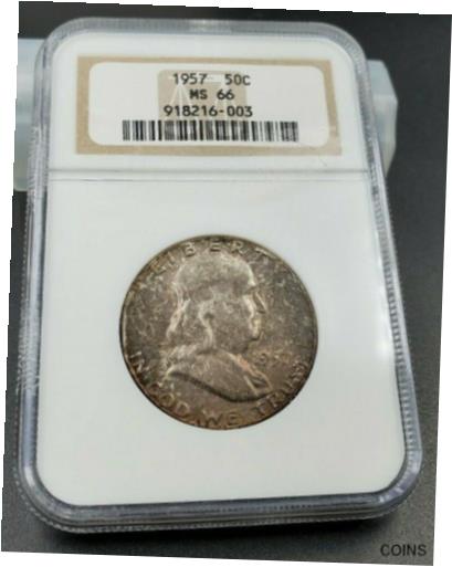 【極美品/品質保証書付】 アンティークコイン 銀貨 1957 P Franklin Silver Half Dollar Coin MS66 NGC Old Brown Label Neat Toning [送料無料] #sct-wr-011093-7544