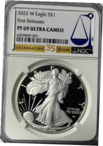 2022-W プルーフ アメリカン シルバー イーグル NGC PF69 ウルトラ カメオ 35 年 FR ラベル OGP 付き!2022-W Proof American Silver Eagle NGC PF69 Ultra Cameo 35 yr FR label with OGP!