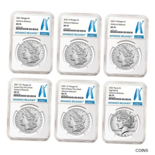 【極美品/品質保証書付】 アンティークコイン 銀貨 2021 $1 Morgan and Peace Silver Dollar 6pc Set NGC MS70 Advance Releases Label [送料無料] #sot-wr-011095-261