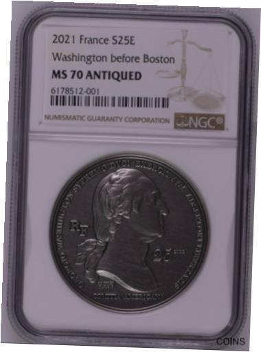  アンティークコイン コイン 金貨 銀貨  NGC MS70 France 2021 Washington before Boston Antiqued Silver Coin 2oz COA