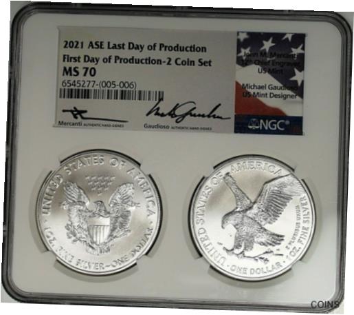  アンティークコイン コイン 金貨 銀貨  2021 $1 Silver Eagle Type 1 Last Day Type 2 First Day 2 Coin Set NGC MS70