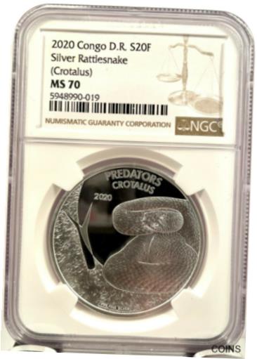  アンティークコイン コイン 金貨 銀貨  2020 Congo 20 Francs Predators Rattlesnake 1 oz 999 Silver Coin - NGC MS 70