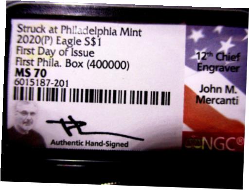 【極美品/品質保証書付】 アンティークコイン 銀貨 2020(P) Am Silver Eagle Ms70 FDOI 1ST PHILADELPHIA BOX JOHN MERCANTI FLAG LABEL [送料無料] #sof-wr-011114-1634