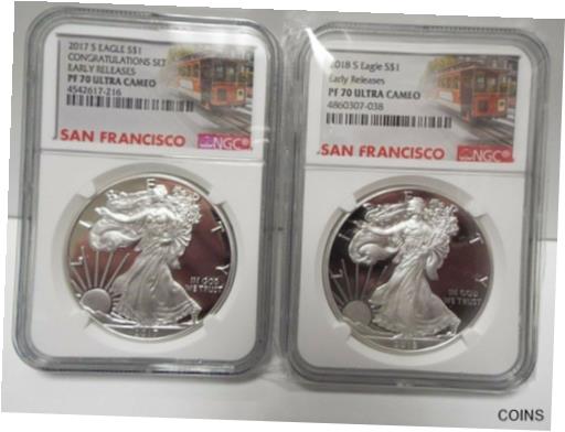 yɔi/iۏ؏tz AeB[NRC RC   [] 2 Coin Set 2017/18-S Silver American Eagle NGC PF 70 Early Releases (Trolley)