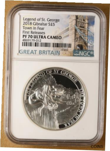 【極美品/品質保証書付】 アンティークコイン コイン 金貨 銀貨 [送料無料] 2018 Gibraltar Silver 5 Pounds Legend of St George 'Town Fear' NGC PF 70 Ult Cam