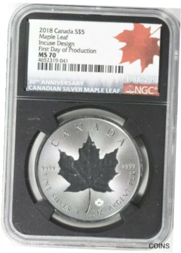 2018 Silver Canada Maple Leaf Incuse MS70 30th Anniv FIRST DAY OF PRODUCTION!!!!※関税は当ショップ負担（お客様負担無し）※全国送料無料・海外輸送無料※商品の状態は画像をご確認下さい（極美品・目立った汚れ無し）※輸入品の為英語表記となります※その他ご不明点はお気軽にお問合せ下さい！Total Precious Metal Content: SilverYear: 2018Brand/Mint: Royal Canadian MintGrade: MS70Precious Metal Content per Unit: 1 ozCountry/Region of Manufacture: CanadaStrike Type: Mint StateCertification: NGCCoin: Canadian Maple LeafComposition: Silver[ご購入前に必ずお読み下さい]親切丁寧に、商品到着までサポート対応させていただきます。■パソコンの画像・画質により色や素材感が、実際の商品と多少異なる場合がございますので予めご了承くださいませ。■お客様のご都合（程度の解釈相違を含む）による商品のご購入後のキャンセル返品は、原則としてお受け致しておりません。未払いのまま2日以上連絡が取れない場合はキャンセルさせて頂きます。その場合、事務局側が自動的に「非常に悪い」の評価を付けてしまいますのでご注意ください。※お支払い頂いた場合は連絡は不要です。※他ショップでも販売しておりますので、稀に在庫がない場合がございます。■不具合での返品は箱などすべてが到着時の状態になるものに限らせていただきます。※当店では不良品はすべて現物確認と不具合の確認を行い対応をさせて頂いております。■お客様のご都合によるご注文確定後の商品のキャンセルにつきましては承っておりません。また、ご入金確認後、またはご決済完了確認後のキャンセルにつきましては、ご注文総額の30％のキャンセル料をご請求させていただきます。■領収書二重発行やトラブル防止のため、領収書発行は行っておりません。事務局側が発行している「支払い明細」が正式な支払い証明となります。支払い明細画面を印刷したものが領収書の代わりになることを各税務署に確認済みです。■年末年始・連休の発送は、業者も休みになる関係でいつもより遅れます。■輸送時の破損の場合は配送業者への報告を行って下さい。報告なしでの対応はできません。■日祝日は定休日とさせていただいております。連絡・発送が出来ませんのであらかじめご了承お願いいたします。■内容は必ずお読みになってからお買い求め下さいますようお願い致します。※在庫状況は常に更新をしておりますが、当社は複数店舗で在庫を共有しているため、ご注文を頂きましても稀に欠品している場合がございます。その際は誠に申し訳ございませんが、その旨をメールまたはお電話にてご連絡させていただきます。ご理解いただけますようお願い申し上げます。親切・丁寧にお取引させていただきますのでよろしくお願いします。 品質保証について 当店の商品の、品質保証についてご紹介いたします。 ▽品質保証書 お買い上げいただく全ての商品に「WORLD RESOURCE品質保証書」をおつけいたします。 これは、WORLD RESOURCEが販売した商品であることを保証するものです。大切に保管してください。 ▽標準保証に関して 当店でご購入頂きました商品は7日以内の標準保証サービスが付属致します。 ※ご購入日につきましては、製品の品質保証書に記載の日付にて確認させていただきます。 ※保証は通常利用時のみの対応となります。 ※ご購入日の確認を致しかねる場合は有償となります。品質保証書は大切に保管して下さい。POINT01　品揃え一番店を目指して 「期待に答えるお店づくりと、時代に合わせたサービスをご提供致します。」 POINT02　多種多様な商品レパートリー 「幅広く、世界の商品をご用意しております。」 POINT03　きっと見つかる！新しい発見 「テレビや雑誌で紹介されたアイテムもいちはやく。」 モットー：丁寧な接客対応 その道数十年のスタッフだからこそできる、“豊富な知識”に基づく商品のご提案。 お探しの商品はお気軽にスタッフにお尋ねください。 「以前は、商品ページあったけど、、、見つからない。」 「初めてアンティークコインの購入をしますが大丈夫ですか？」 「この年代の商品を探していますが、おすすめはありますか？」 「友人にアンティークコインを送りたいけど、おすすめありますか？」 等など、困ったときの質問にも、しっかり対応・お調べ致します。 取寄せ、取り置き等もできますので、商品一覧で見つからなかった商品でも、 スタッフまでお気軽にご相談下さい。 【お問い合わせはお気軽にどうぞ】 suport@world-resource.net